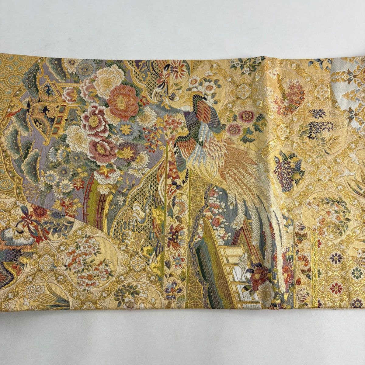 すごい値！袋帯 正絹 ベージュ オレンジブラウン 鳳凰 鳥 花唐草 金銀糸 ラメ糸 中古 お太鼓柄 仕立て上がり リサイクル みやがわ neb00938 すごい値！袋帯 正絹 ベージュ オレンジブラウン 鳳凰 鳥 花唐草 金
