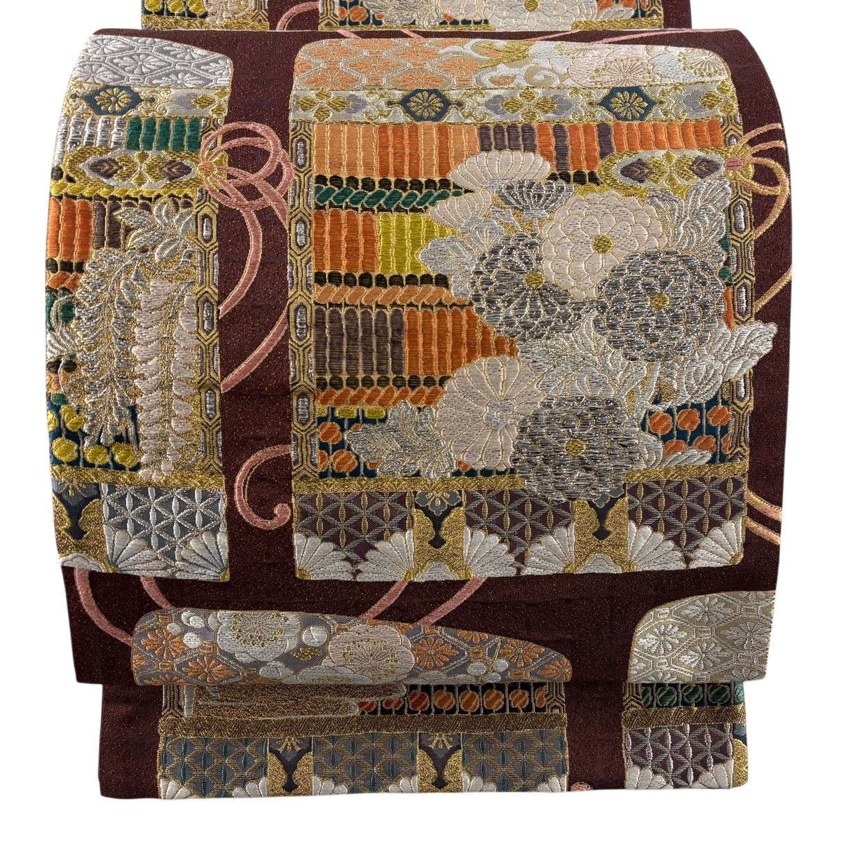 美品】 袋帯 秀品 鎧威 菊 金銀糸 箔 茶紫 六通 正絹 【中古】 - メルカリ