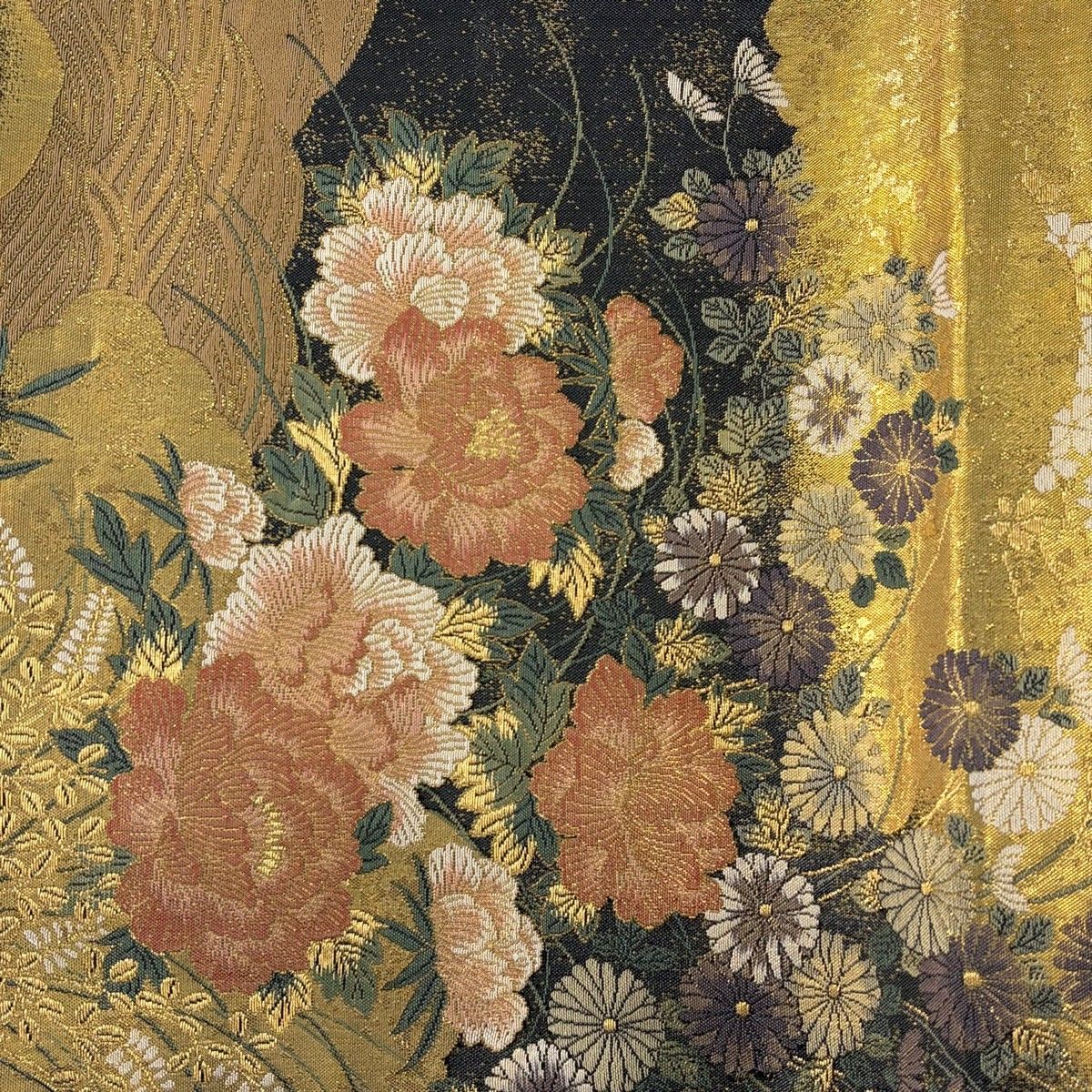 袋帯 紬 作家物 落款有り 金彩加工 染め柄 菊 桔梗 牡丹 中古 kp1561 袋帯 紬 花唐草模様 金駒刺繍 鴇鼠色 金彩 O-6111 - メルカリ
