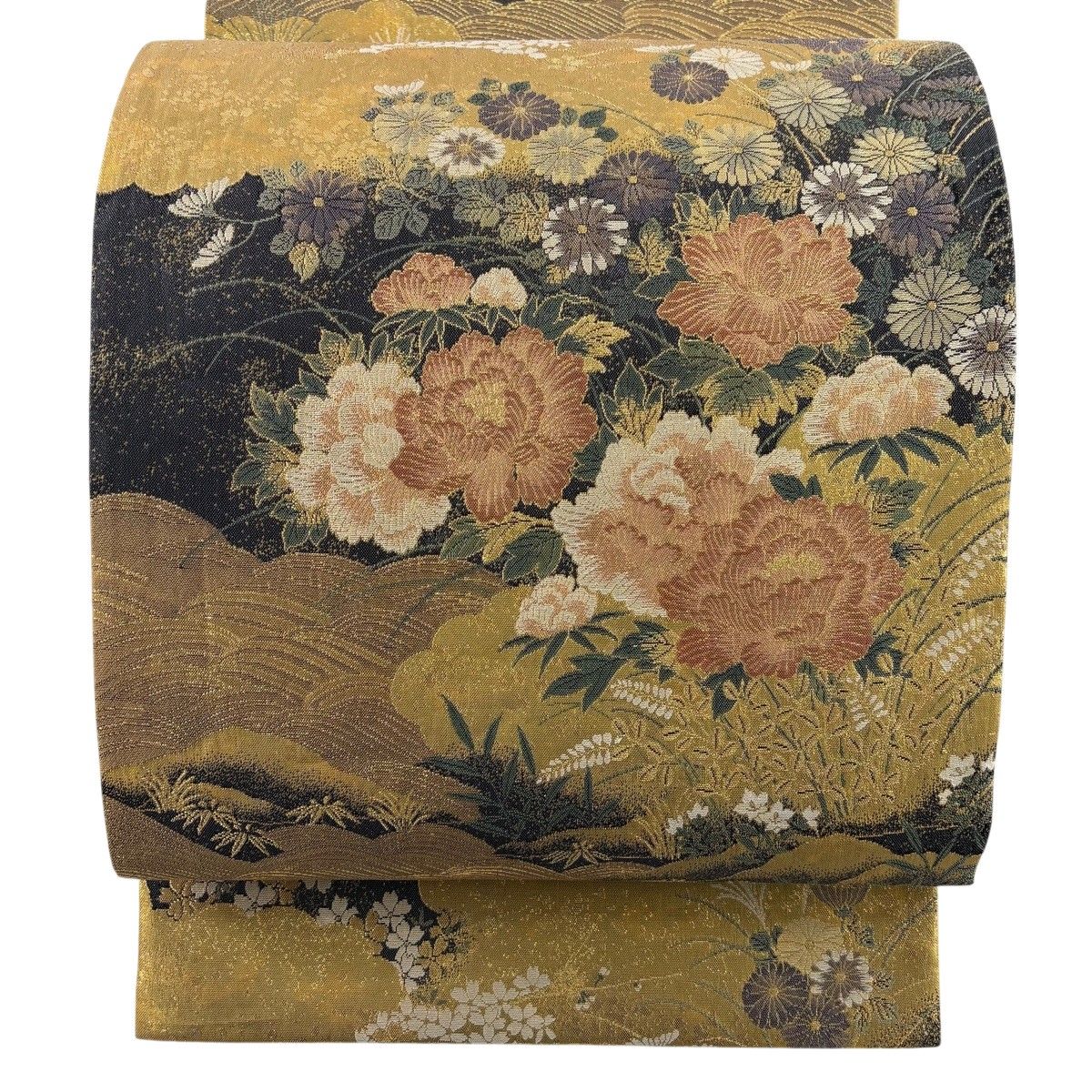 袋帯 紬 作家物 落款有り 金彩加工 染め柄 菊 桔梗 牡丹 中古 kp1561 メンテナンス済み中古帯＞ 金彩友禅作家 和田光正 作 京金彩 袋帯