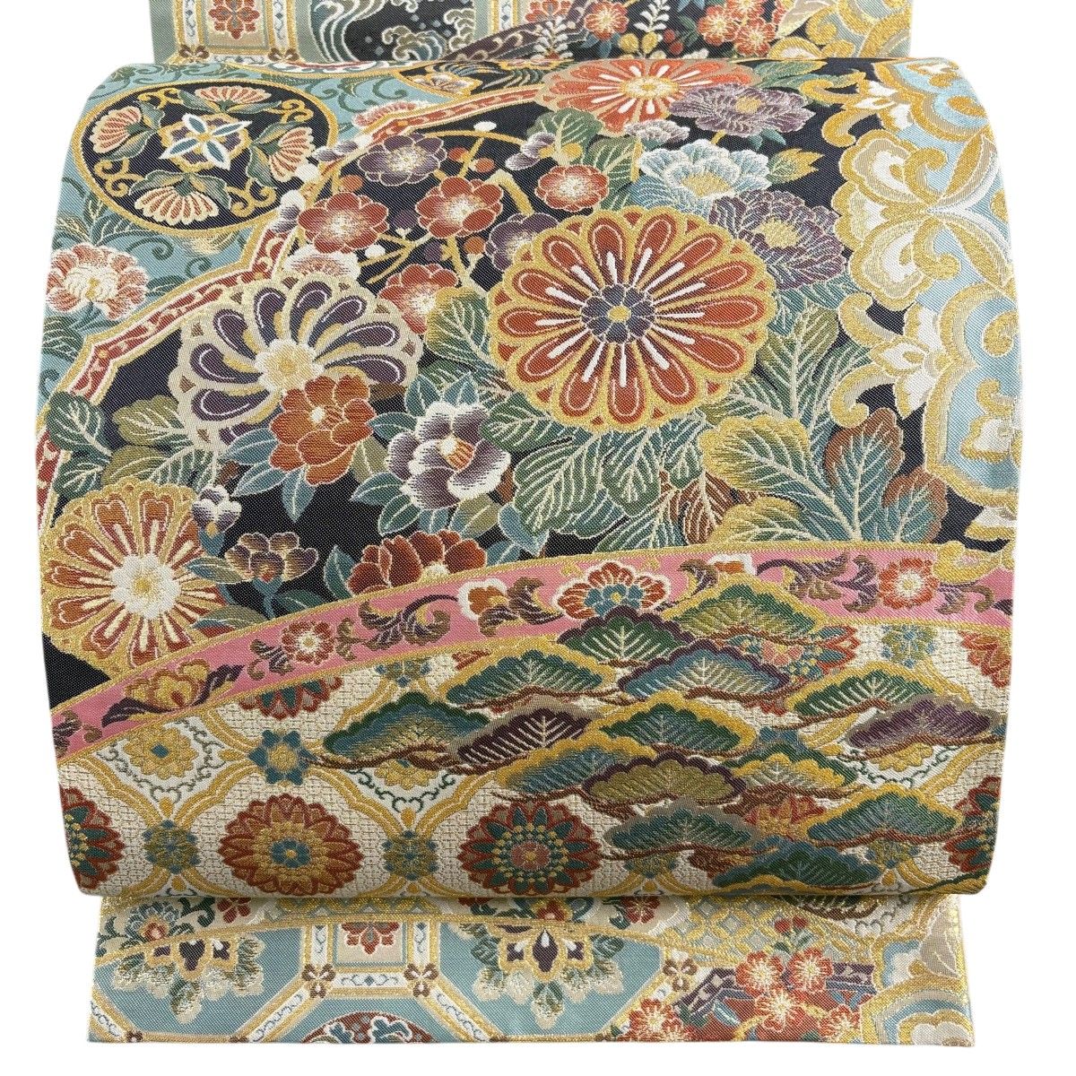 美品】 袋帯 秀品 吉祥逸品図 菊 笠松 金糸 箔 水色 お太鼓柄 正絹