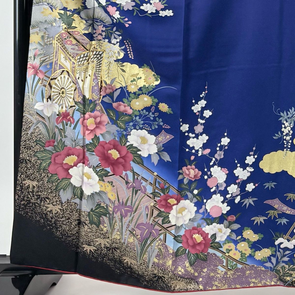 振袖 身丈162.5cm 裄丈67cm M 袷 御所車 牡丹 金糸 金彩 紺色 正絹 秀