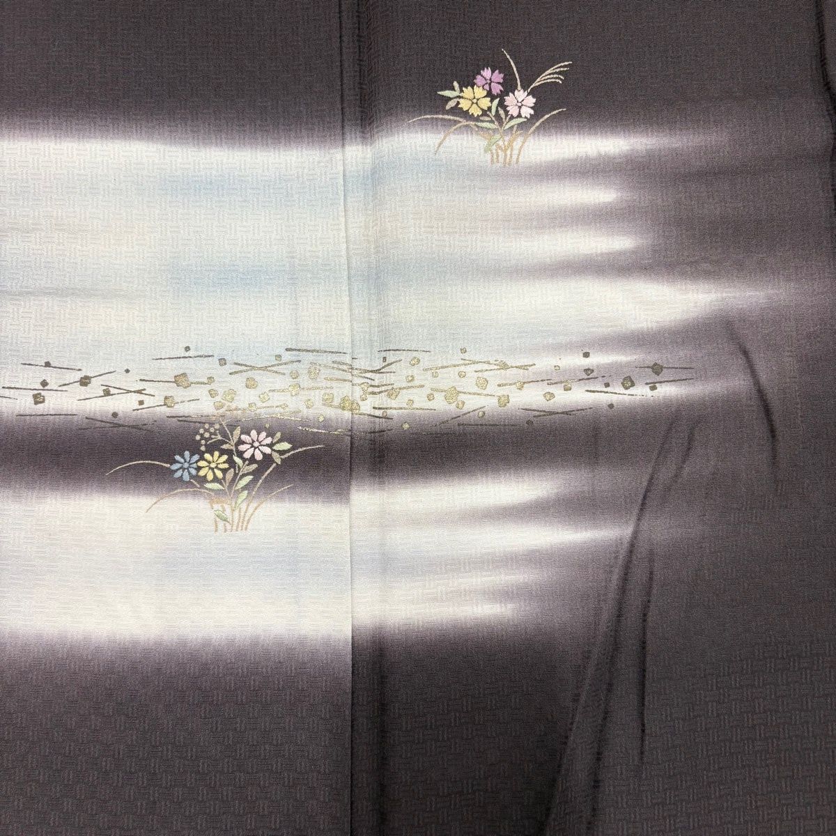 訪問着 身丈163.5cm 裄丈68cm L 袷 鈴乃屋 霞 草花 刺繍 金彩 茶紫