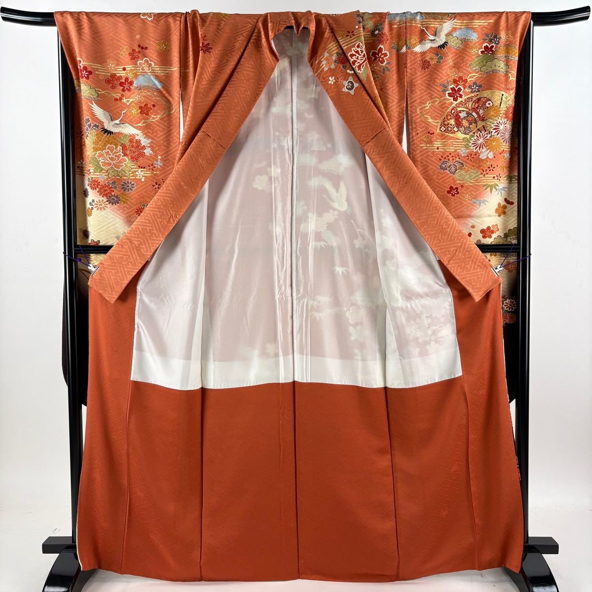 振袖 身丈167cm 裄丈70cm 正絹 名品 【中古】 振袖 身丈167cm 裄丈70cm L 袷 扇 花鳥 金彩 染め分け オレンジ 正絹