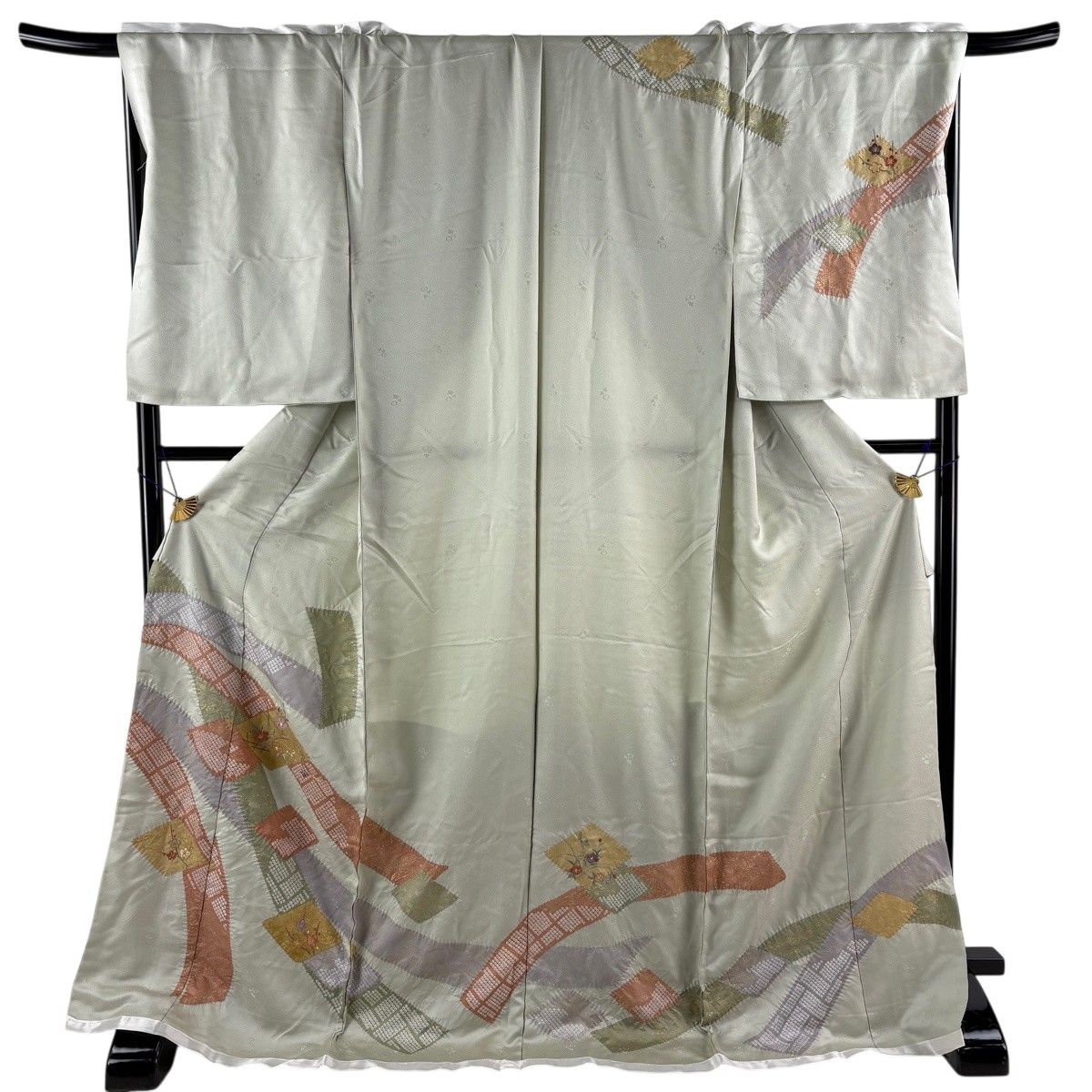 訪問着 身丈178cm 裄丈70.5cm 未仕立て 仮絵羽 椿 枝梅 刺繍 絞り 灰緑 正絹 秀品 【中古】