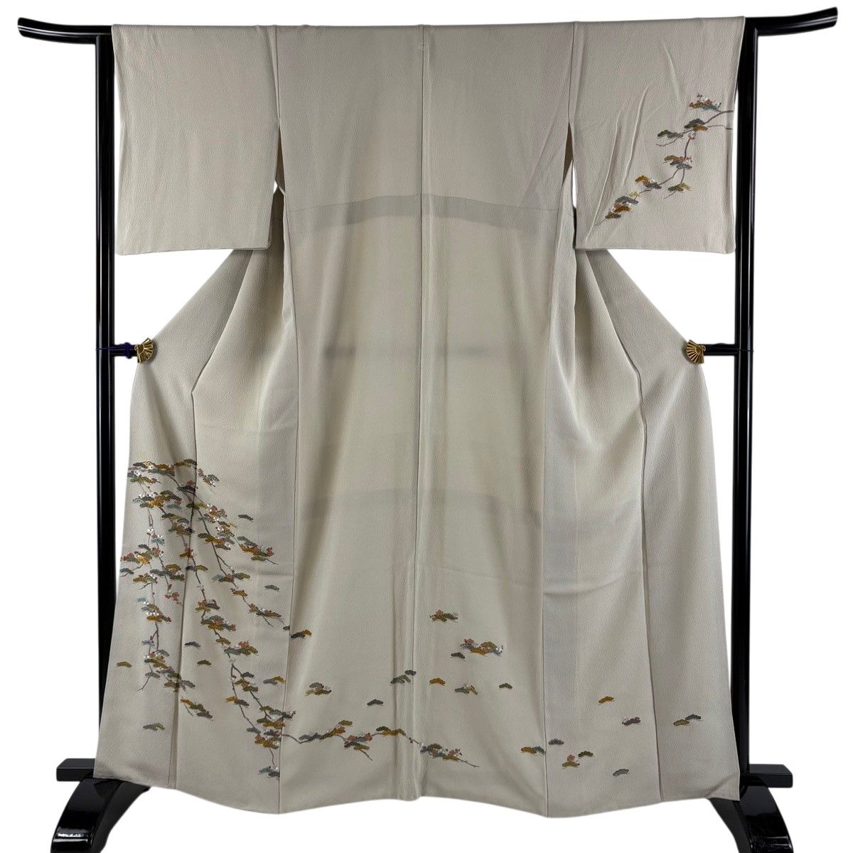 訪問着 身丈163.5cm 裄丈64cm M 袷 松 梅 刺繍 金糸 薄緑 正絹 秀品 一つ紋 【中古】