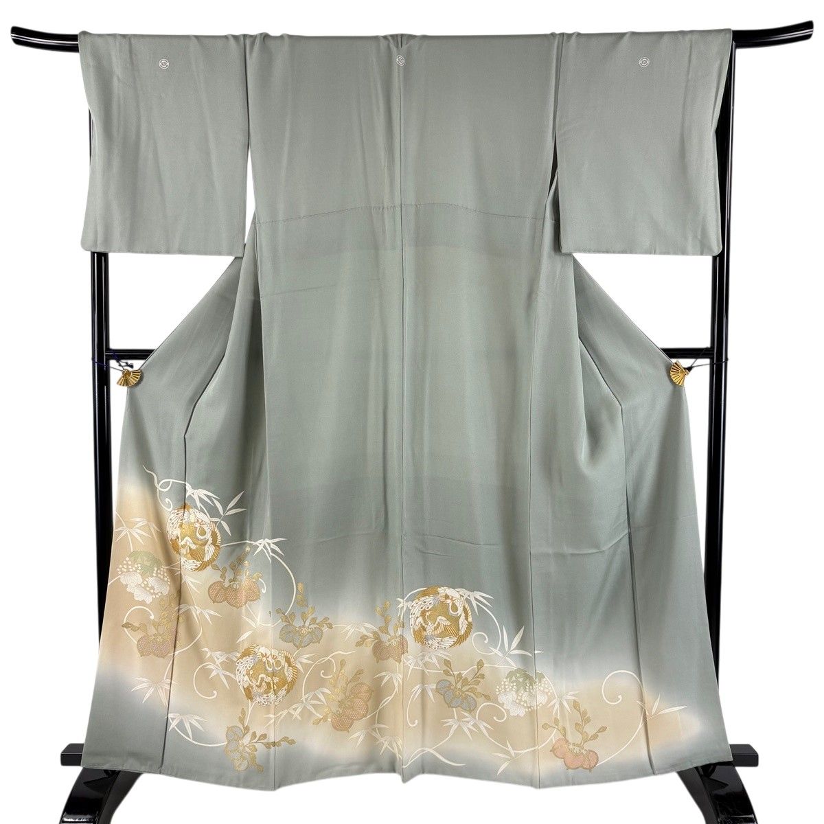 色留袖 身丈161.5cm 裄丈68cm L 袷 鳳凰 桐 金糸 金彩 灰緑 正絹 秀品 三つ紋 【中古】