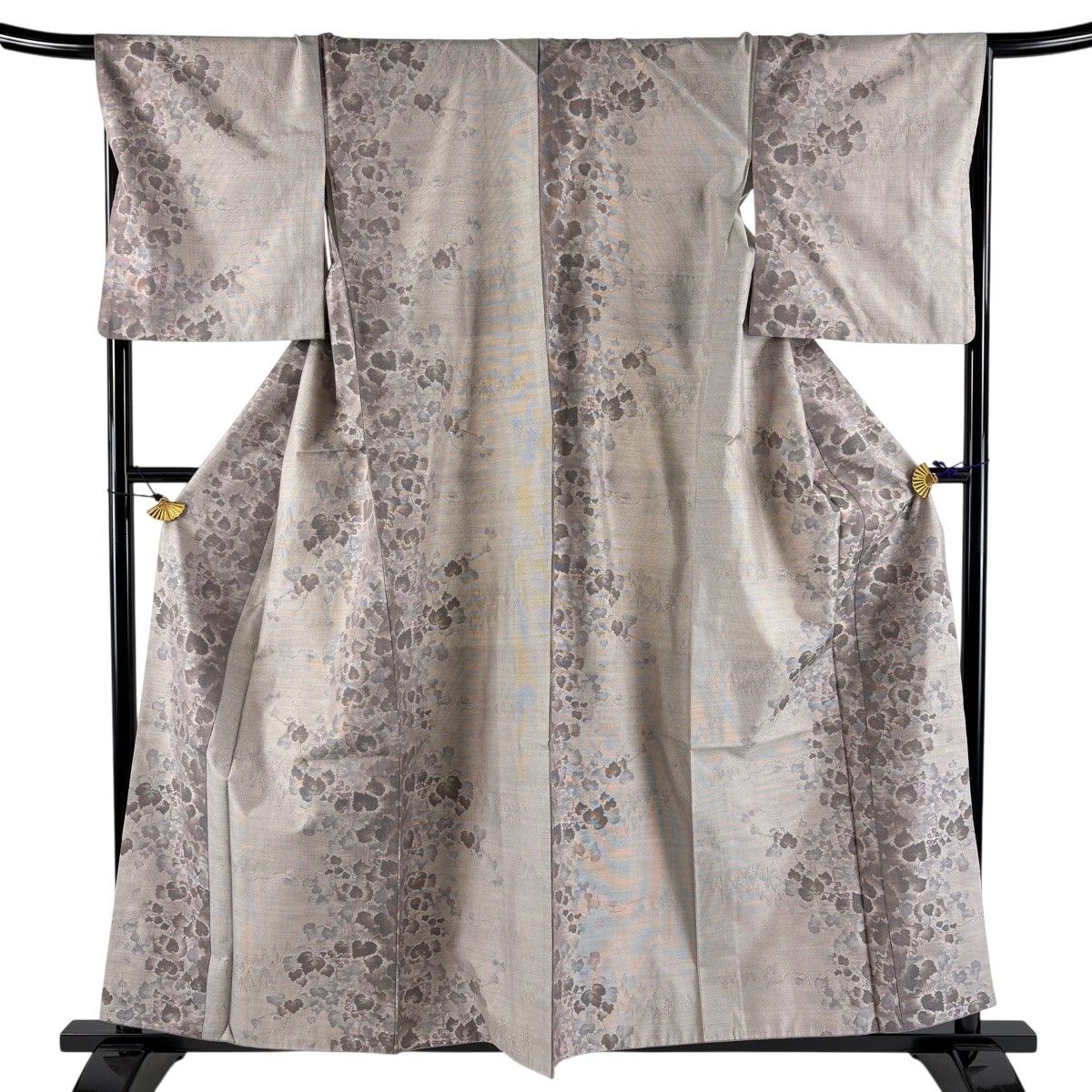 【美品】 紬 身丈159cm 裄丈68cm L 袷 葡萄 樹木 灰紫 正絹 秀品 【中古】