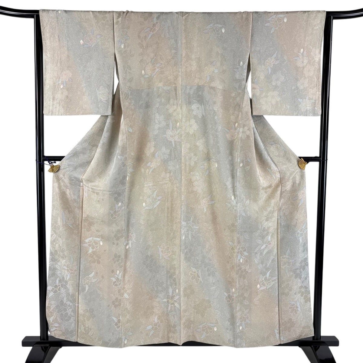 【美品】 小紋 身丈158cm 裄丈65cm M 袷 草花 地紋 ぼかし 灰緑 正絹 秀品 【中古】