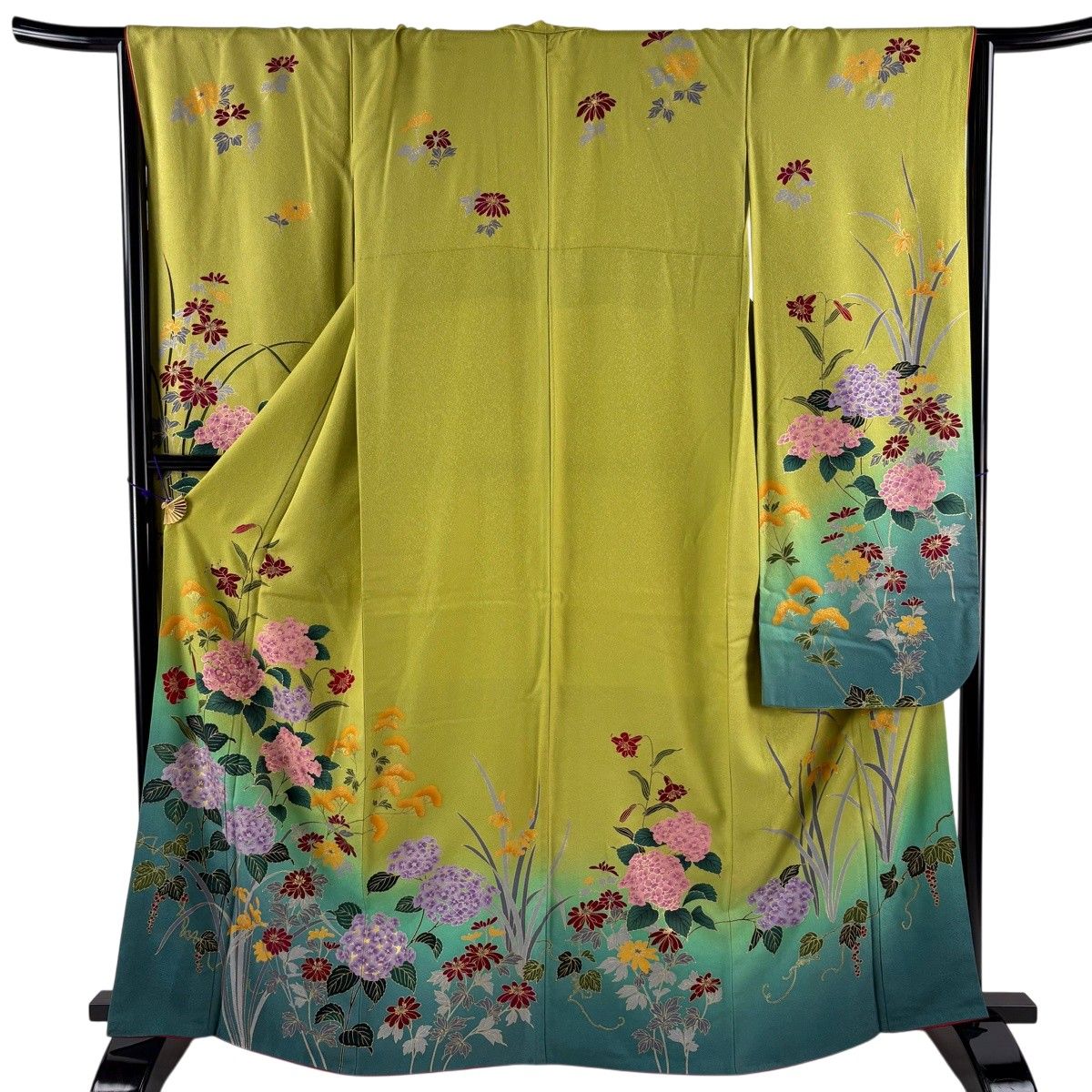 振袖 身丈163cm 裄丈66cm M 袷 紫陽花 百合 金彩 箔 抹茶色 正絹 秀品 【中古】