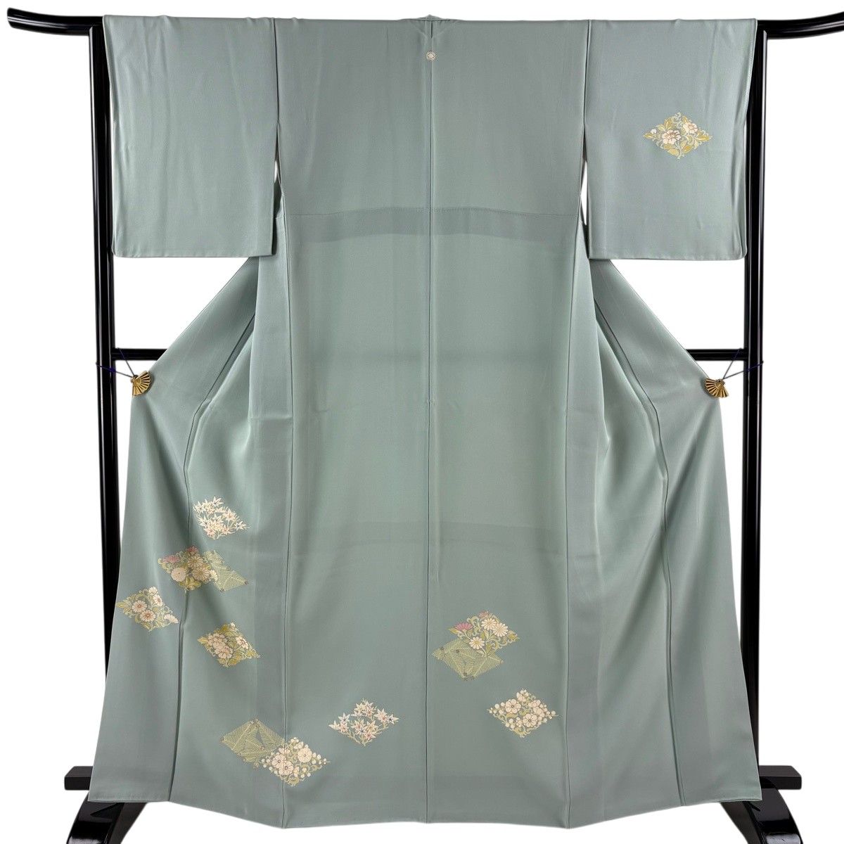 付下げ 美品 秀品 身丈166.5cm 裄丈65.5cm 正絹 【中古】 付下げ 身丈166.5cm 裄丈65cm M 袷 草花 花菱 金彩 青灰色 正絹 秀品