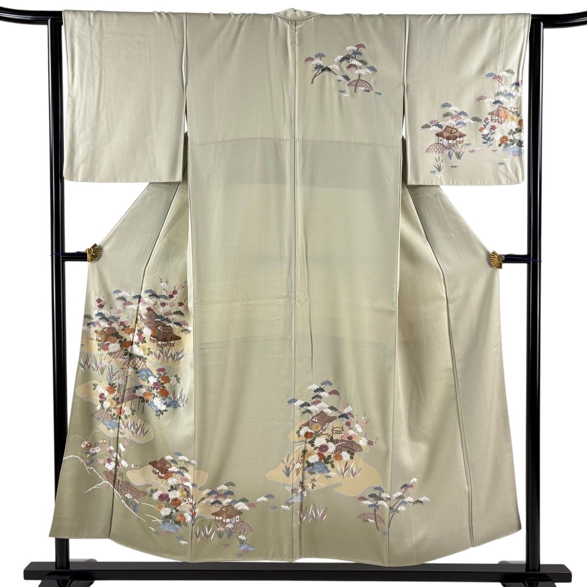 【美品】 訪問着 身丈152cm 裄丈63cm S 袷 松竹梅 家屋 金糸 刺繍 灰緑 正絹 秀品 一つ紋 【中古】