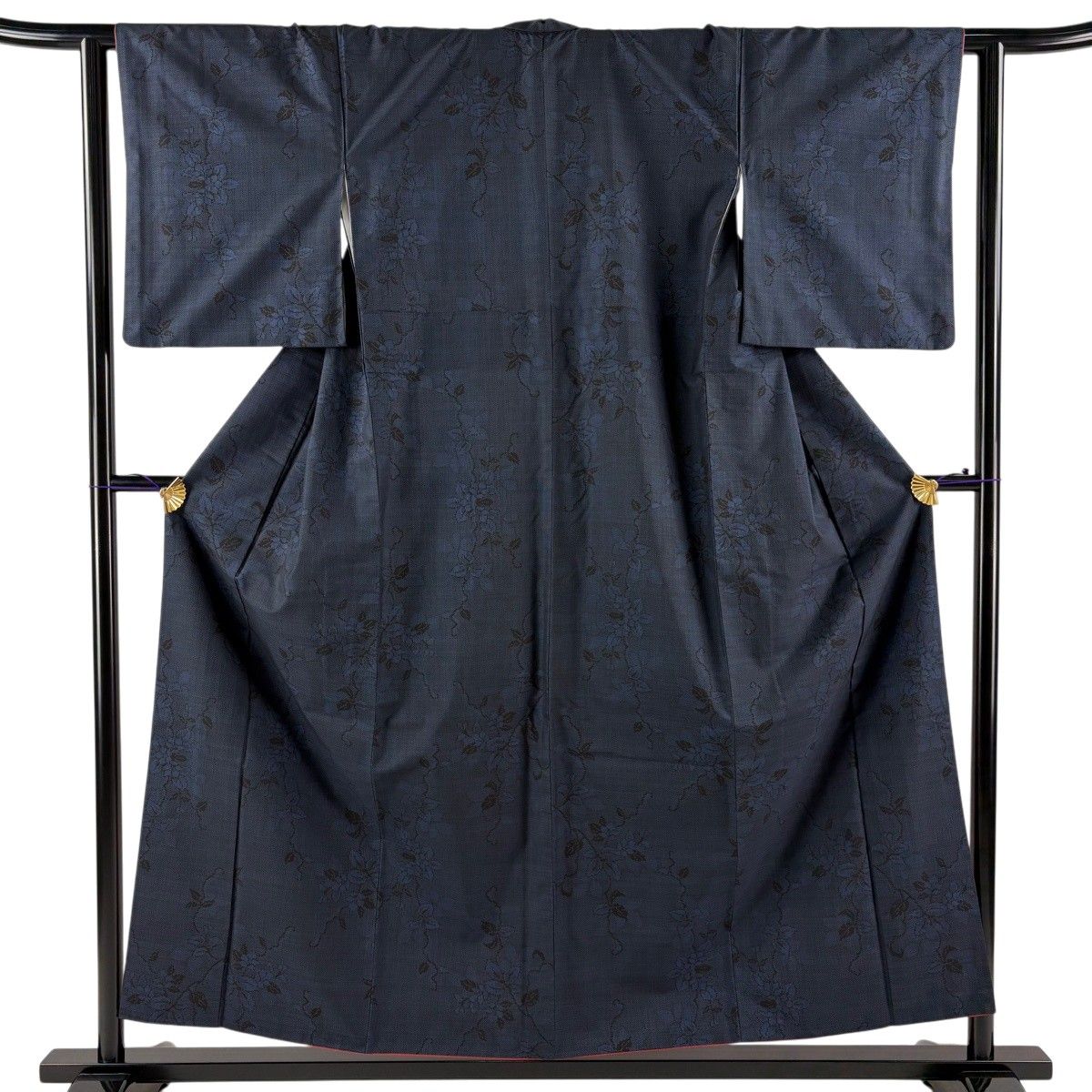 【美品】 紬 身丈156cm 裄丈62cm S 袷 草花 紺色 正絹 秀品 【中古】