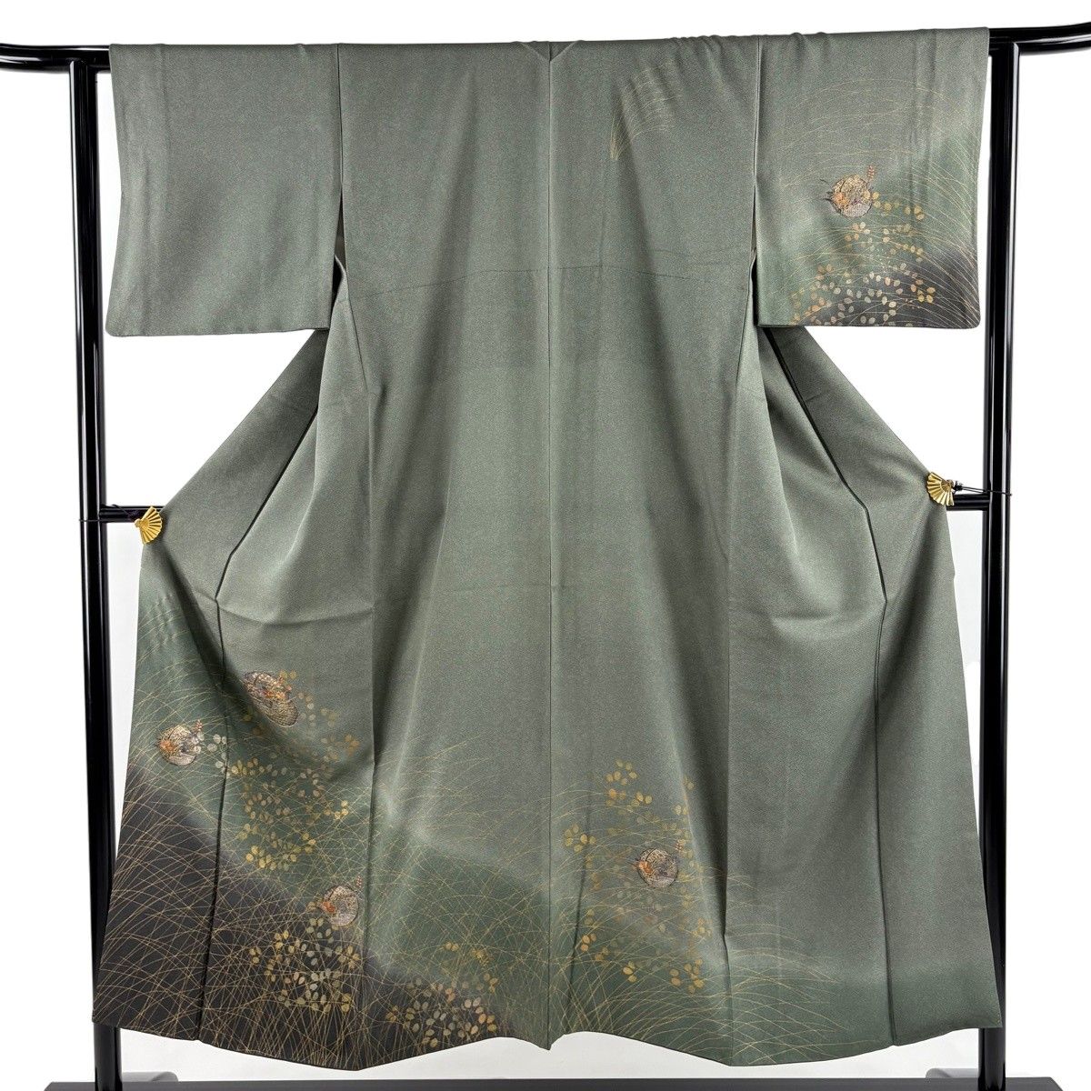 【美品】 訪問着 身丈150.5cm 裄丈62cm S 袷 花丸文 萩 刺繍 金彩 灰緑 正絹 秀品 【中古】