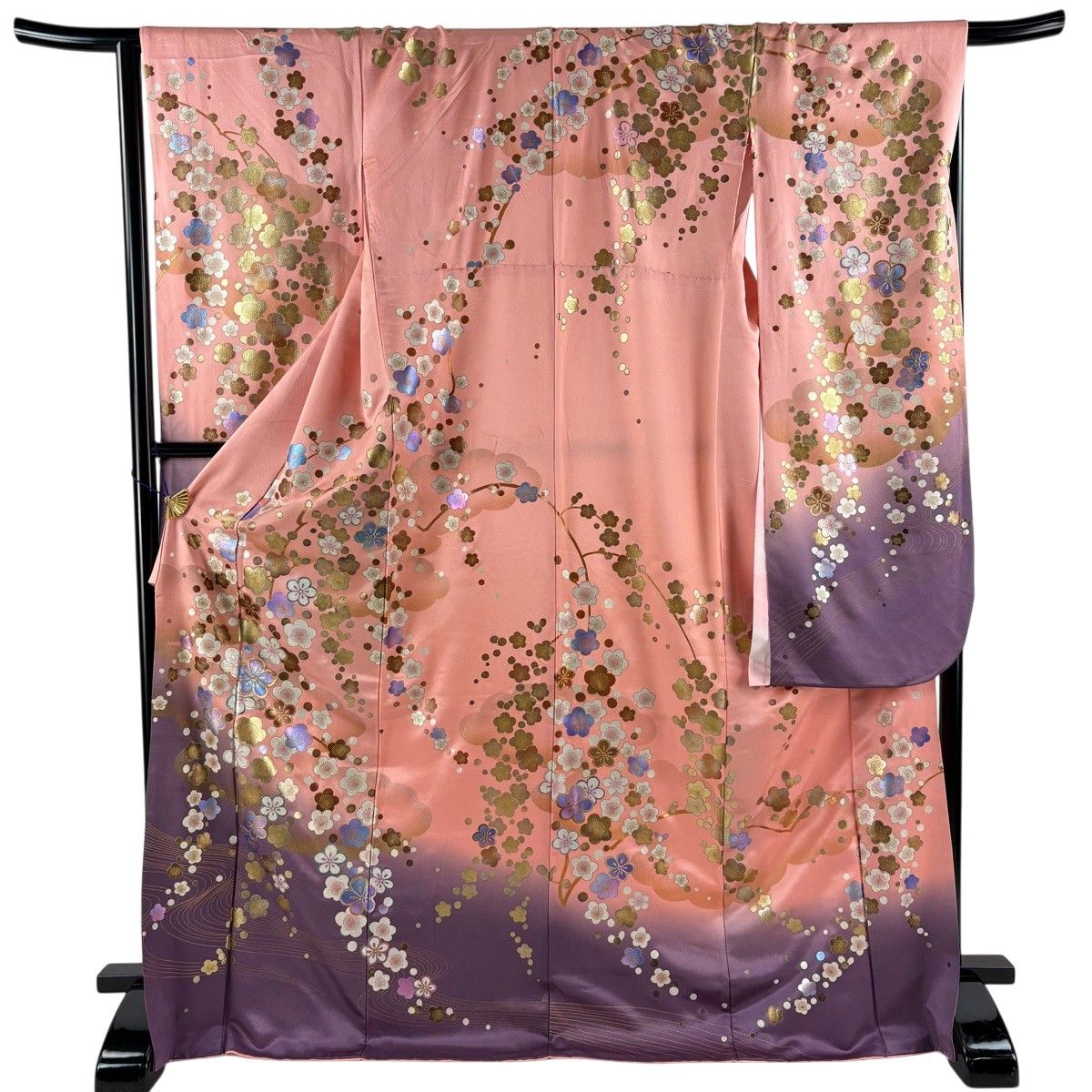 振袖 秀品 身丈173cm 裄丈71cm 正絹 【中古】 美品】 振袖 身丈172cm 裄丈71.5cm L 袷 桜 波 金糸 金彩 青紫 正絹