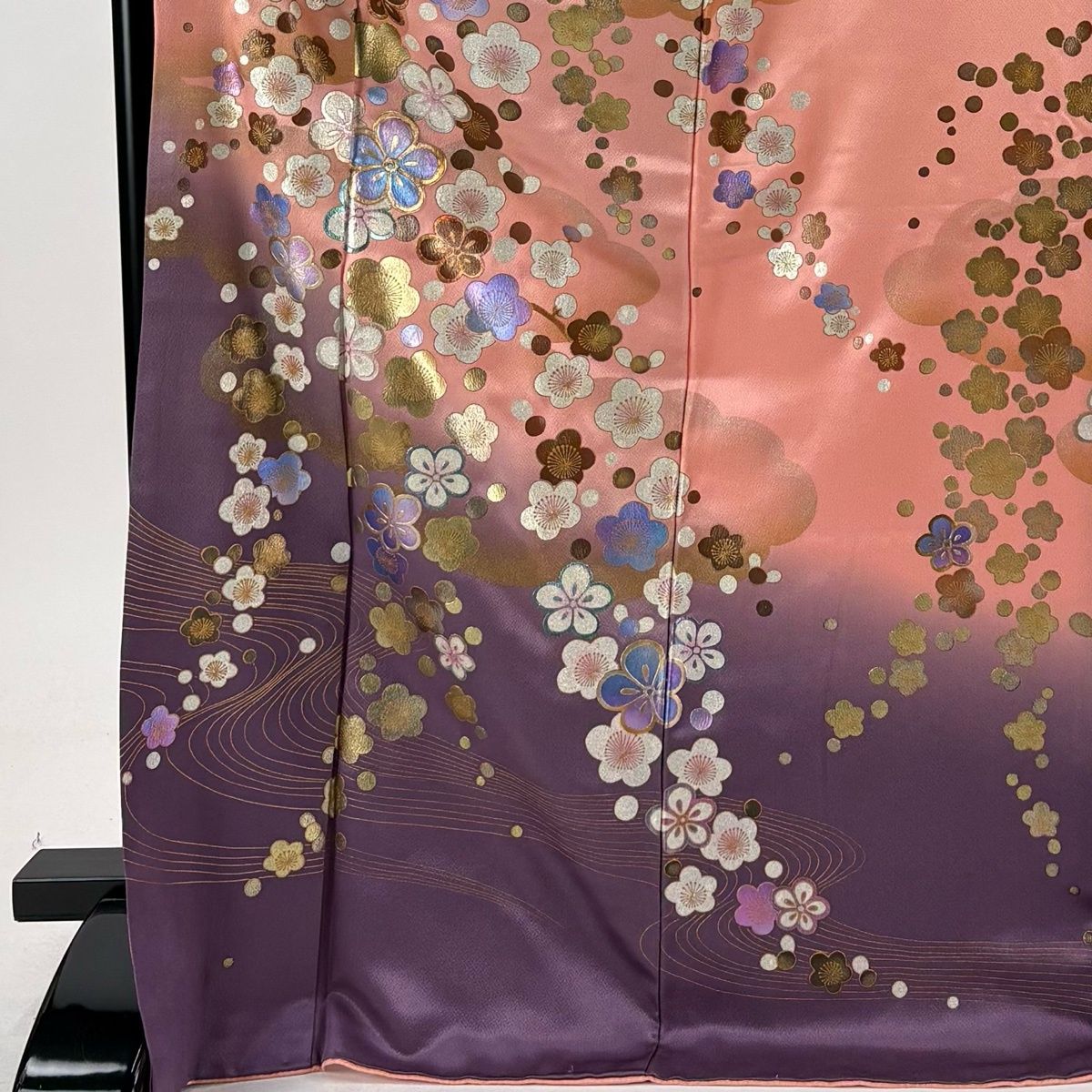 振袖 身丈173.5cm 裄丈69cm 正絹 名品 【中古】 振袖 身丈173cm 裄丈67cm M 袷 枝梅 流水 金銀彩 金糸 ピンク 正絹 秀
