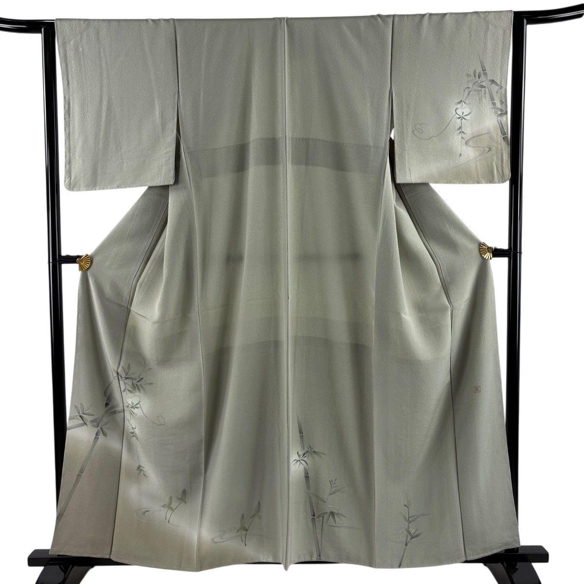 【美品】 付下げ 身丈158.5cm 裄丈63.5cm S 袷 落款 竹 流水 ぼかし 灰緑 正絹 秀品 【中古】