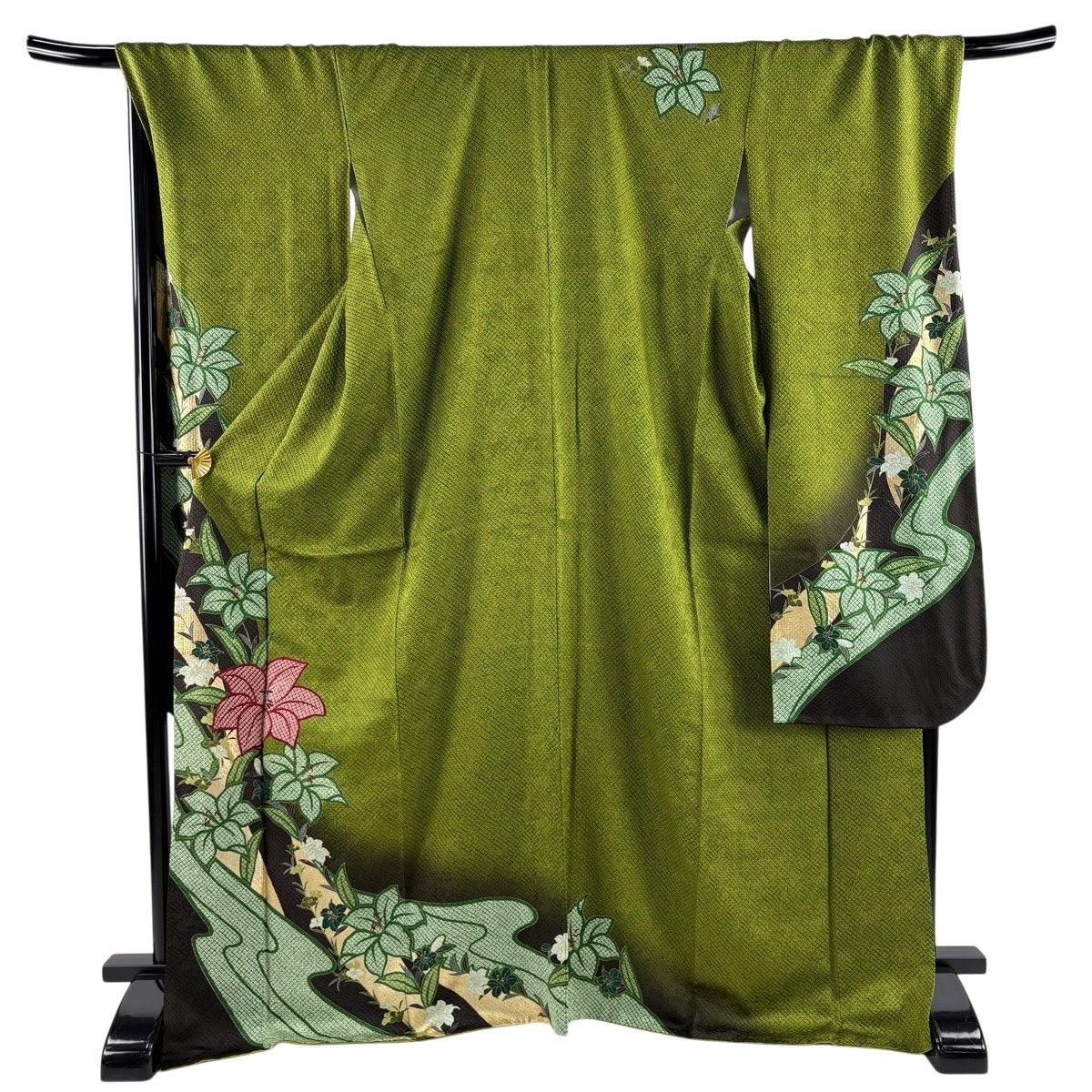 美品】 振袖 身丈169cm 裄丈70cm L 袷 草花 流水 金銀彩 絞り 緑 正絹