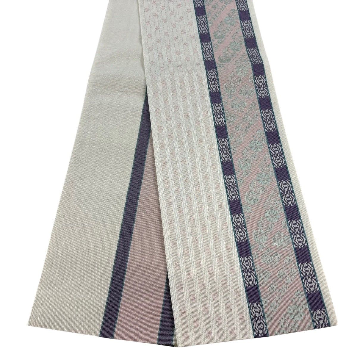 【美品】半幅帯 秀品 草花 縞 白 正絹 【中古】