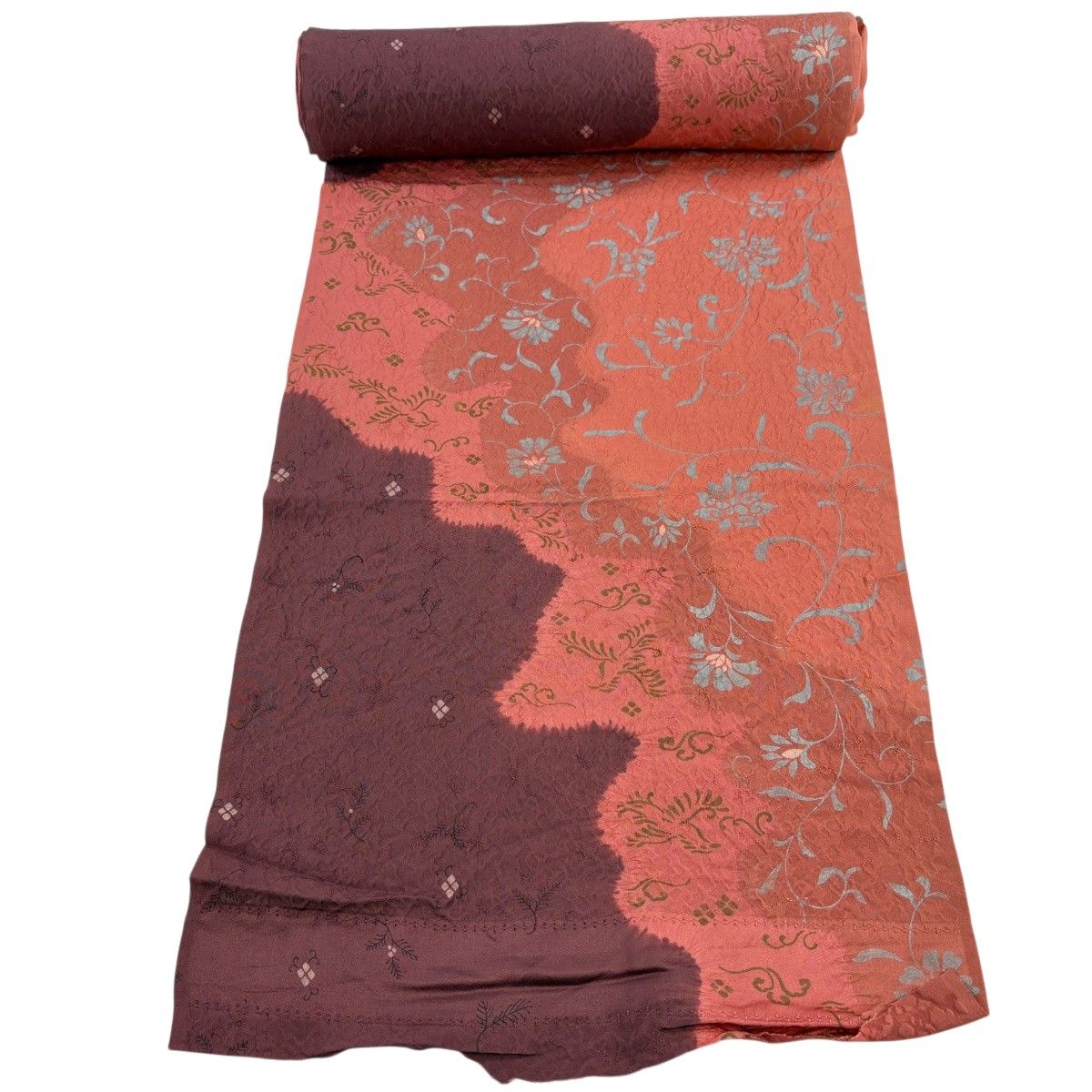 反物 秀品 小紋 花唐草 サーモンピンク 正絹 【中古】