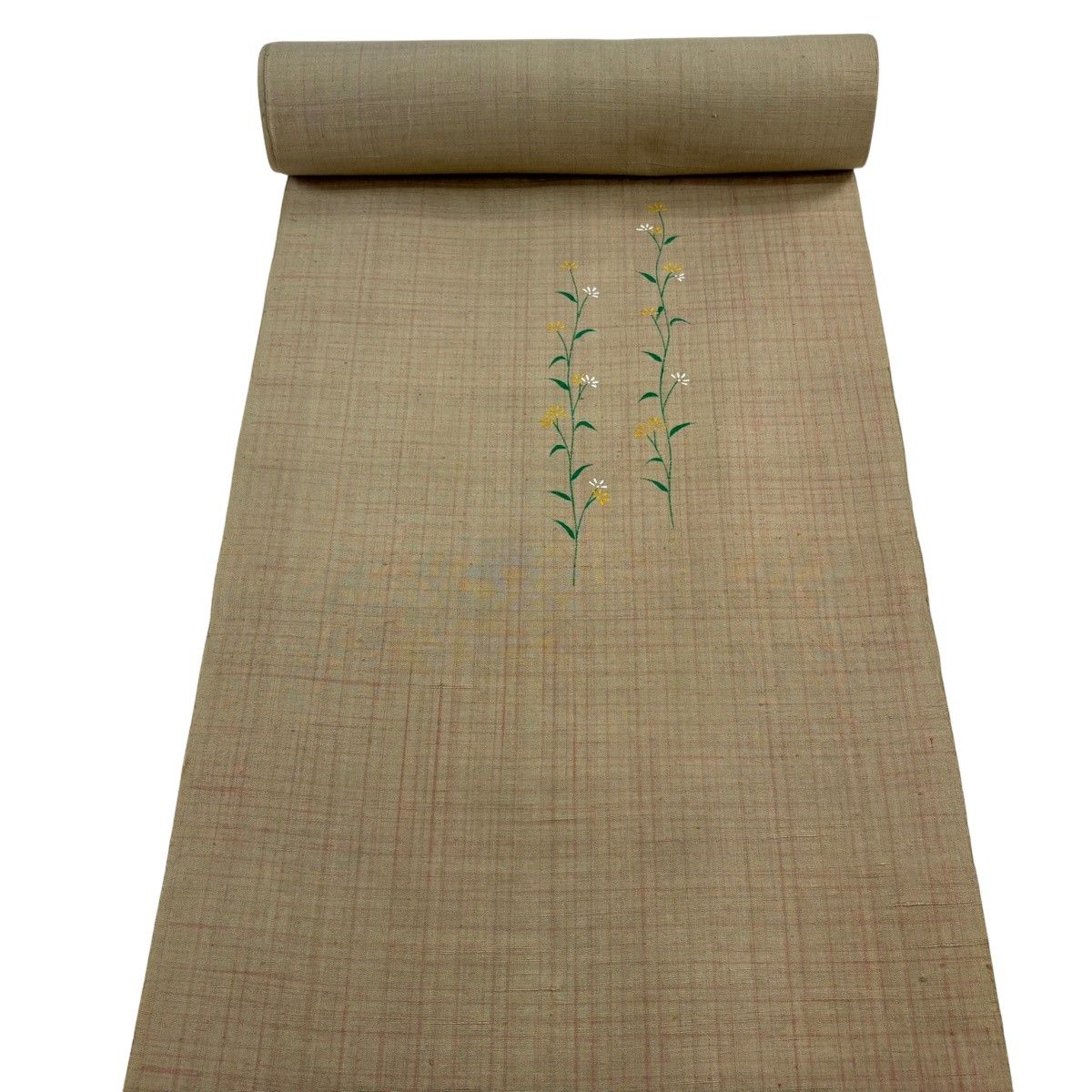 反物 秀品 付下げ 紬地 草花 薄茶色 正絹 【中古】