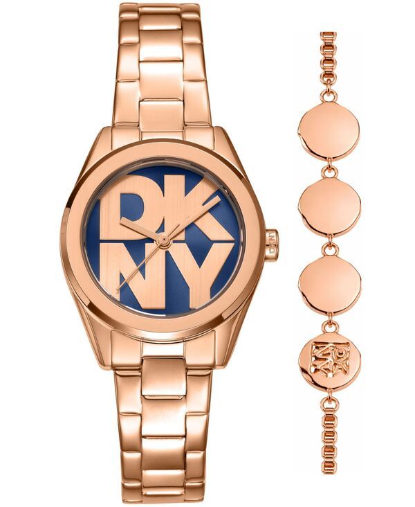 【送料無料】 ダナ キャラン ニューヨーク レディース 腕時計 アクセサリー Womens Logo Quartz Rose GoldTone Stainless Steel Bracelet Watch 28mm Gift Set Dark Blue