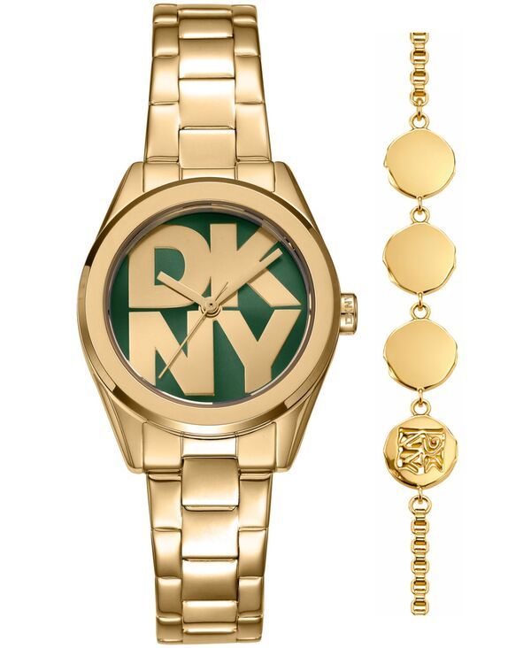 【送料無料】 ダナ キャラン ニューヨーク レディース 腕時計 アクセサリー Womens Logo Quartz GoldTone Stainless Steel Bracelet Watch 28mm Gift Set Dark Green