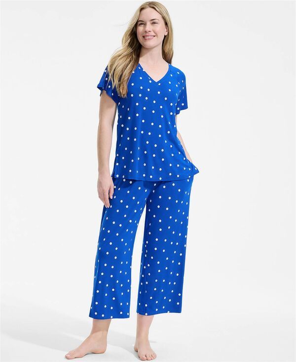 【送料無料】 ランズエンド レディース ナイトウェア アンダーウェア Womens Cooling Pajama Set Short Sleeve Top and Crop Pants Vibrant lapis dot