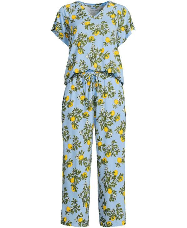 【送料無料】 ランズエンド レディース ナイトウェア アンダーウェア Womens Cooling Pajama Set Short Sleeve Top and Crop Pants Misty blue large citrus print