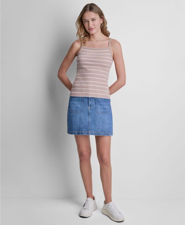 【送料無料】 ダナキャランニューヨーク レディース タンクトップ トップス Womens Square Neck RIB Tank Top Hudson Stripe Travert