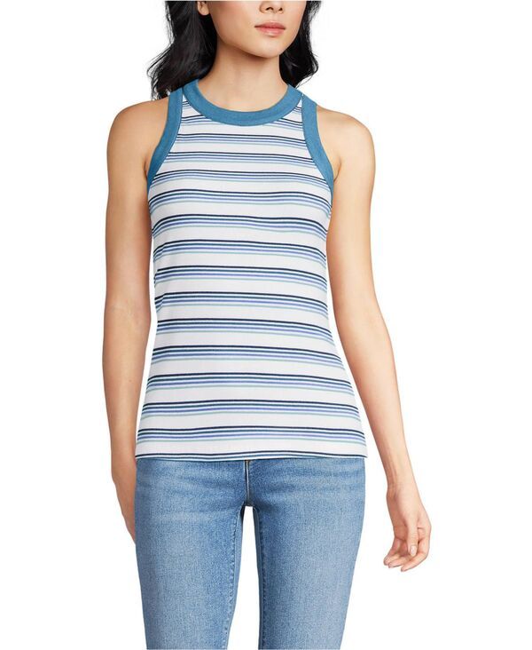 【送料無料】 ランズエンド レディース タンクトップ トップス Womens Micro Rib Crew Neck Tank Top Ivoryteal blue multi stripe