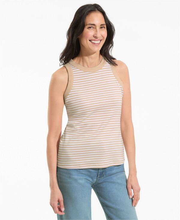 【送料無料】 ランズエンド レディース タンクトップ トップス Womens Micro Rib Crew Neck Tank Top Champagnewhite stripe
