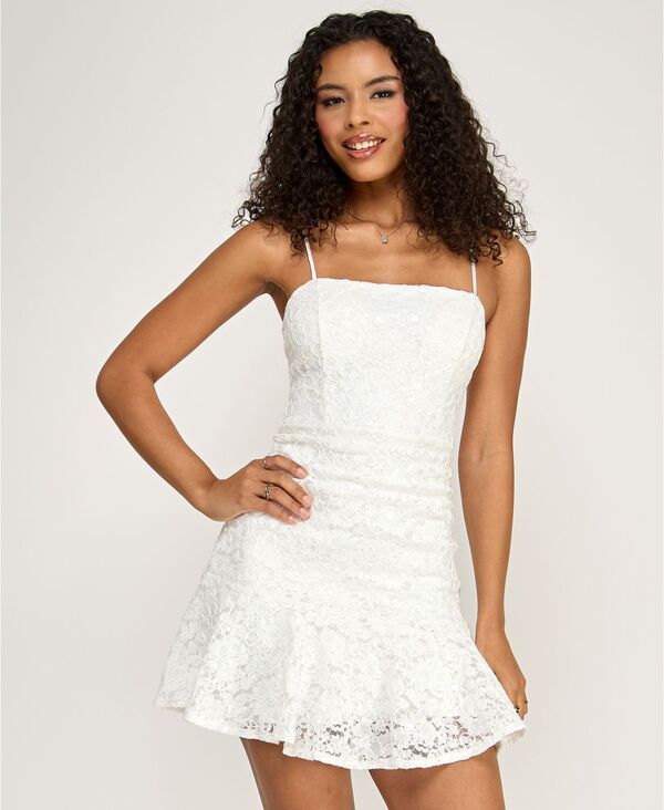 【送料無料】 エメラルドサンデー レディース ワンピース トップス Juniors Sequin LaceUp Back Square Neck Short Dress White