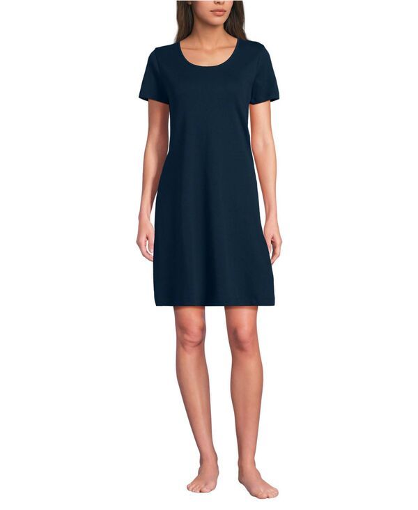 【送料無料】 ランズエンド レディース ナイトウェア アンダーウェア Womens Cotton Short Sleeve Knee Length Nightgown Radiant navy