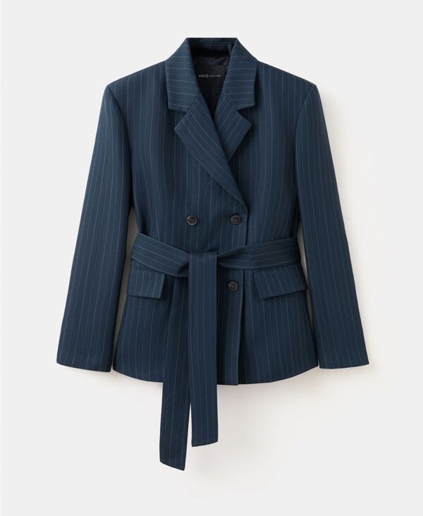 【送料無料】 マンゴ レディース ジャケット・ブルゾン ブレザー アウター Selection Womens Pinstriped Belted Blazer Navy