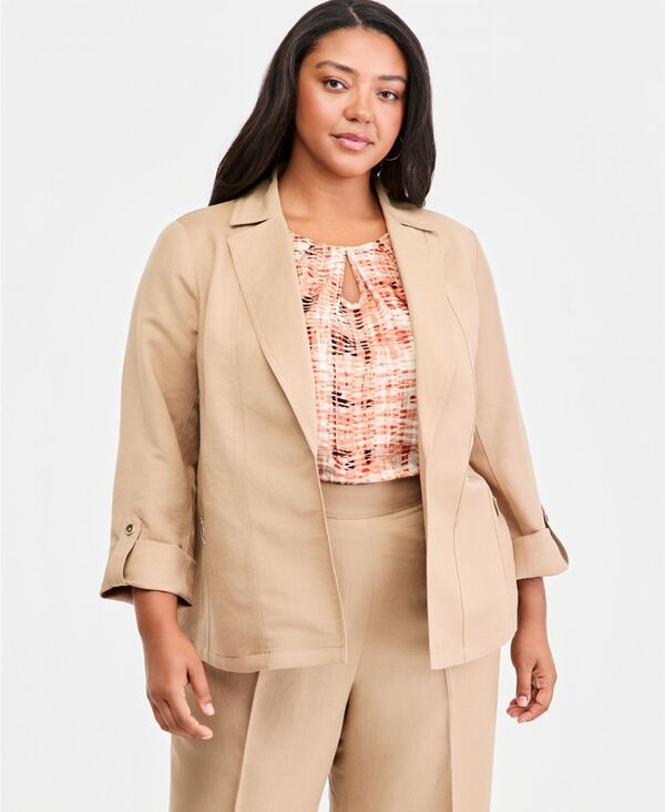 【送料無料】 カスパール レディース ジャケット・ブルゾン アウター Plus Size Linen OpenFront Seamed RollTabSleeve Jacket Toasted Wheat