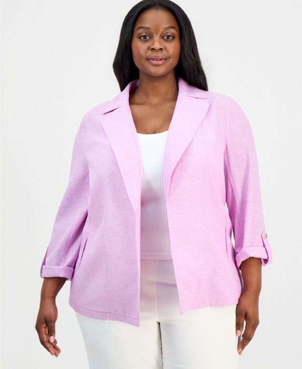 【送料無料】 カスパール レディース ジャケット・ブルゾン アウター Plus Size Linen OpenFront Seamed RollTabSleeve Jacket Cosmo PinkLily White