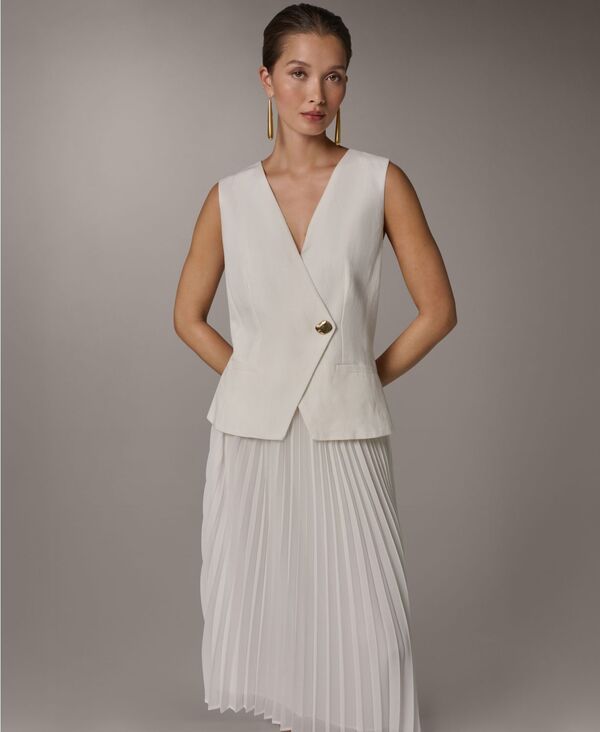 【送料無料】 ダナ キャラン ニューヨーク レディース ベスト トップス Womens Sleeveless VNeck Vest and Pleated Skirt 2Piece Set Dress Cream