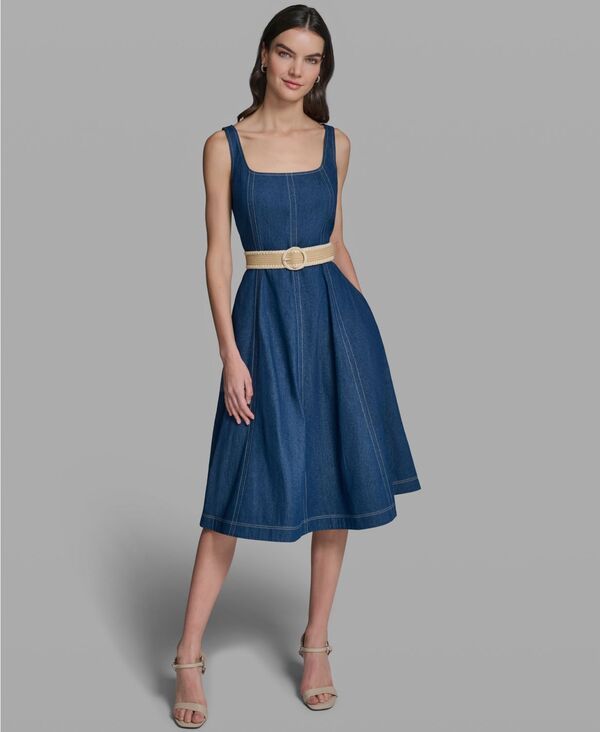 【送料無料】 カール ラガーフェルド レディース タンクトップ トップス Womens Sleeveless Square Neck Tank Top Dress Medium Blue