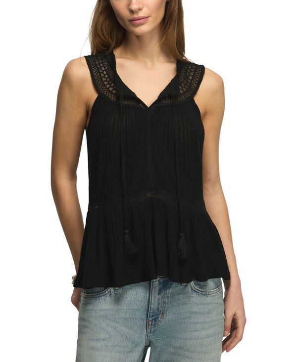 【送料無料】 ラッキーブランド レディース タンクトップ トップス Womens Peplum Lace Trimmed Sleeveless Tank Top Caviar