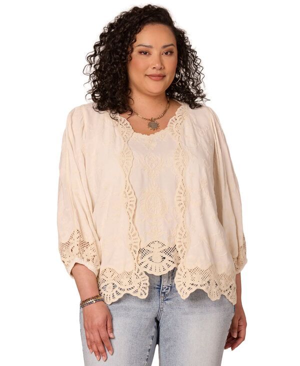 【送料無料】 デモクラシー レディース ジャケット・ブルゾン アウター Plus Size OpenFront Crochet Crop Jacket Off Whitenatural