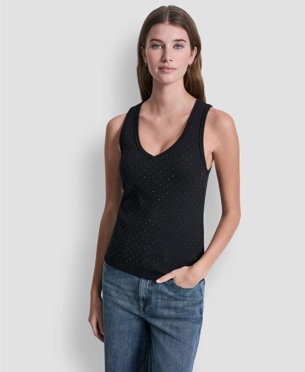 【送料無料】 ダナキャランニューヨーク レディース タンクトップ トップス Womens Rhinestone VNeck Tank Top Black