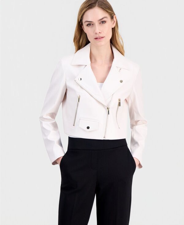 【送料無料】 アンクライン レディース ジャケット・ブルゾン アウター Womens Faux Leather Cropped Moto Jacket White Dove