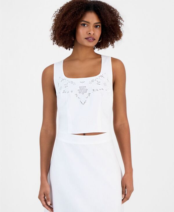 【送料無料】 アイエヌシー インターナショナル コンセプト レディース タンクトップ トップス Womens Cropped Floral Lace Cotton Tank Top Macys Exclusive Bright White
