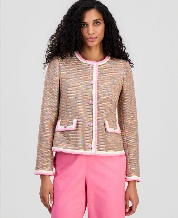 【送料無料】 ティー・タハリ レディース ジャケット・ブルゾン アウター Womens BraidedTrim Crewneck Jacket Pink Multi Tweed