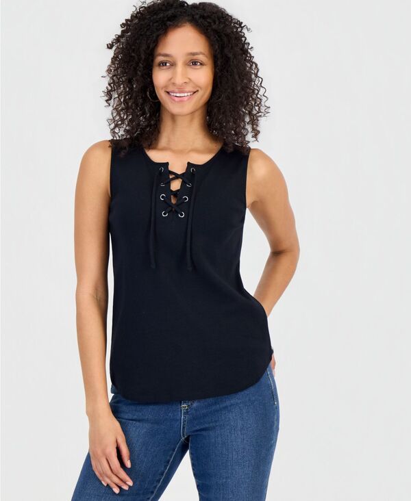 【送料無料】 スタイルアンドコー レディース タンクトップ トップス Womens LaceUp Tank Top Macys Exclusive Deep Black