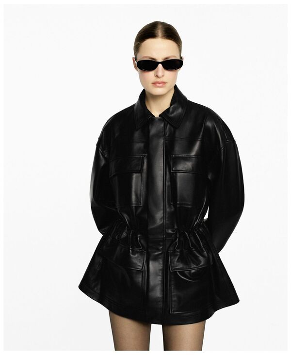 【送料無料】 マンゴ レディース ジャケット・ブルゾン アウター Womens Leather Gathered Waist Parka Black