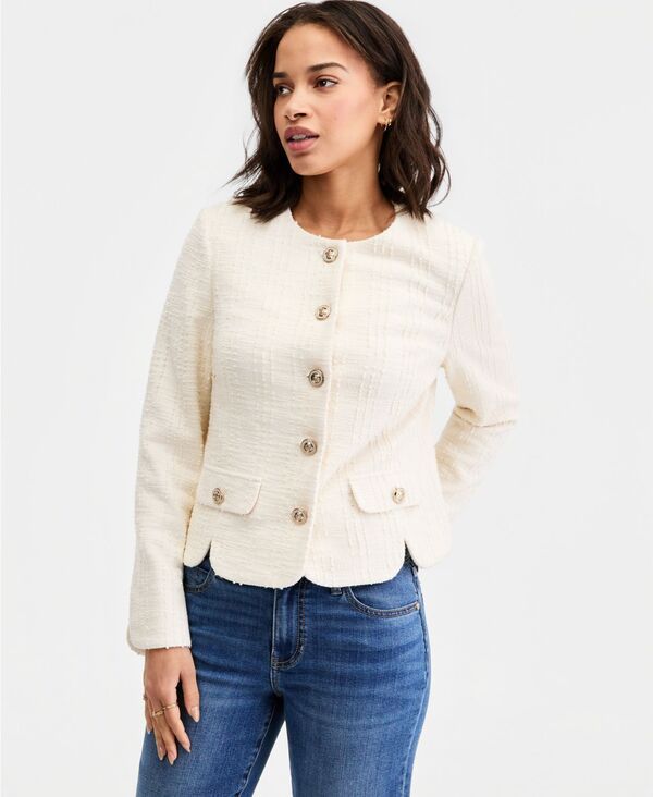【送料無料】 リヴァプール ロサンゼルス レディース ジャケット・ブルゾン アウター Womens Collarless Scalloped Jacket Cream Boucle