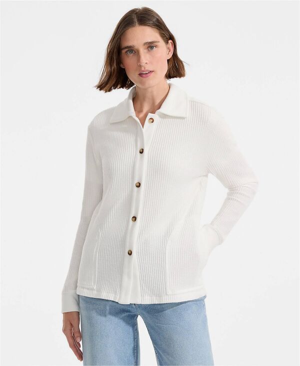【送料無料】 ランズエンド レディース ジャケット・ブルゾン アウター Womens Long Sleeve Waffle Collared Shacket Ivory