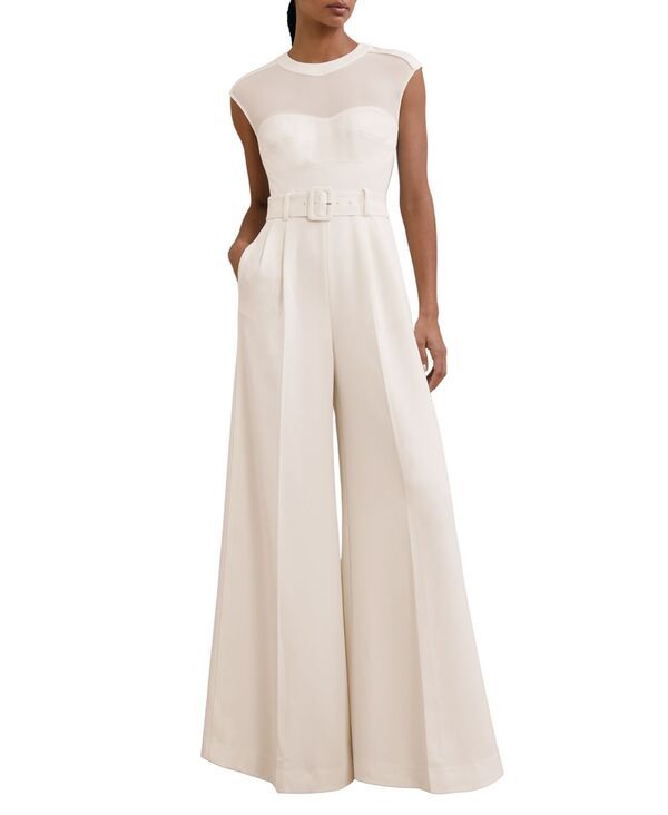 【送料無料】 レイス レディース ジャンプスーツ トップス Womens SheerPanel WideLeg Belted Jumpsuit Ivory